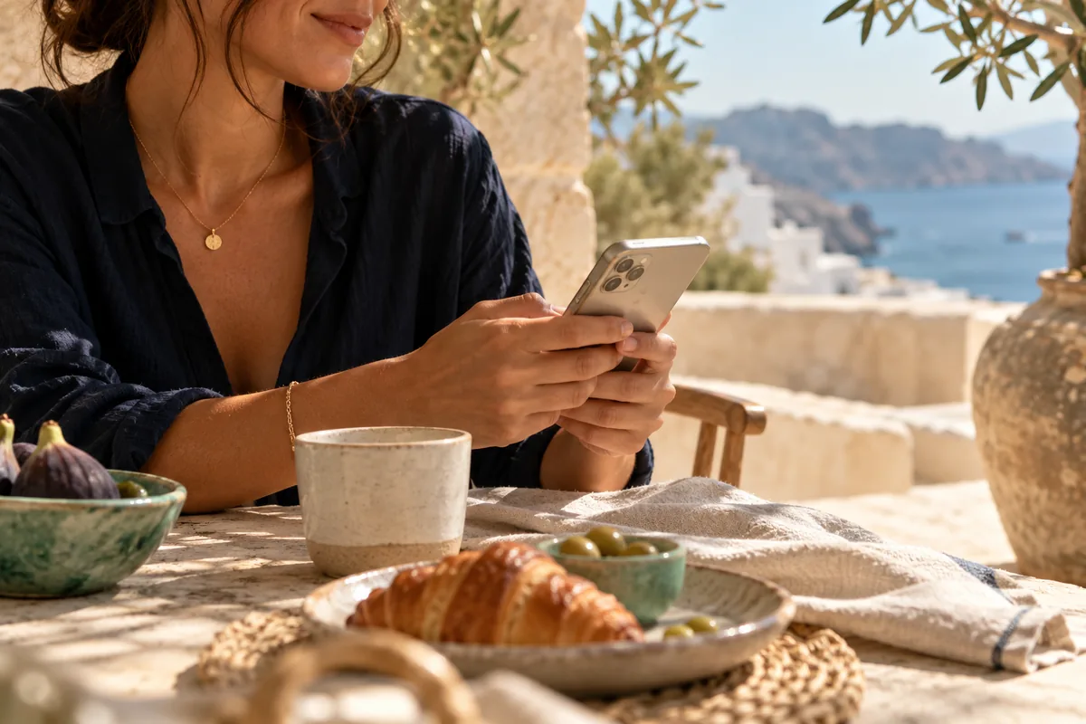 Guest consulting a phone at a holiday accommodation breakfast table.