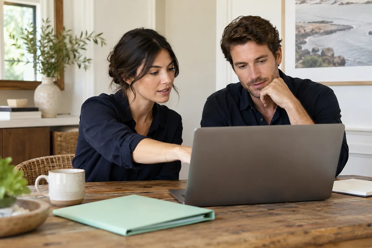 Two property team members consulting a laptop together.