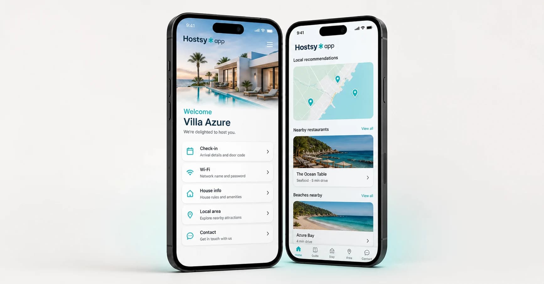 Two realistic phones showing a Hostsy villa guide and local recommendations