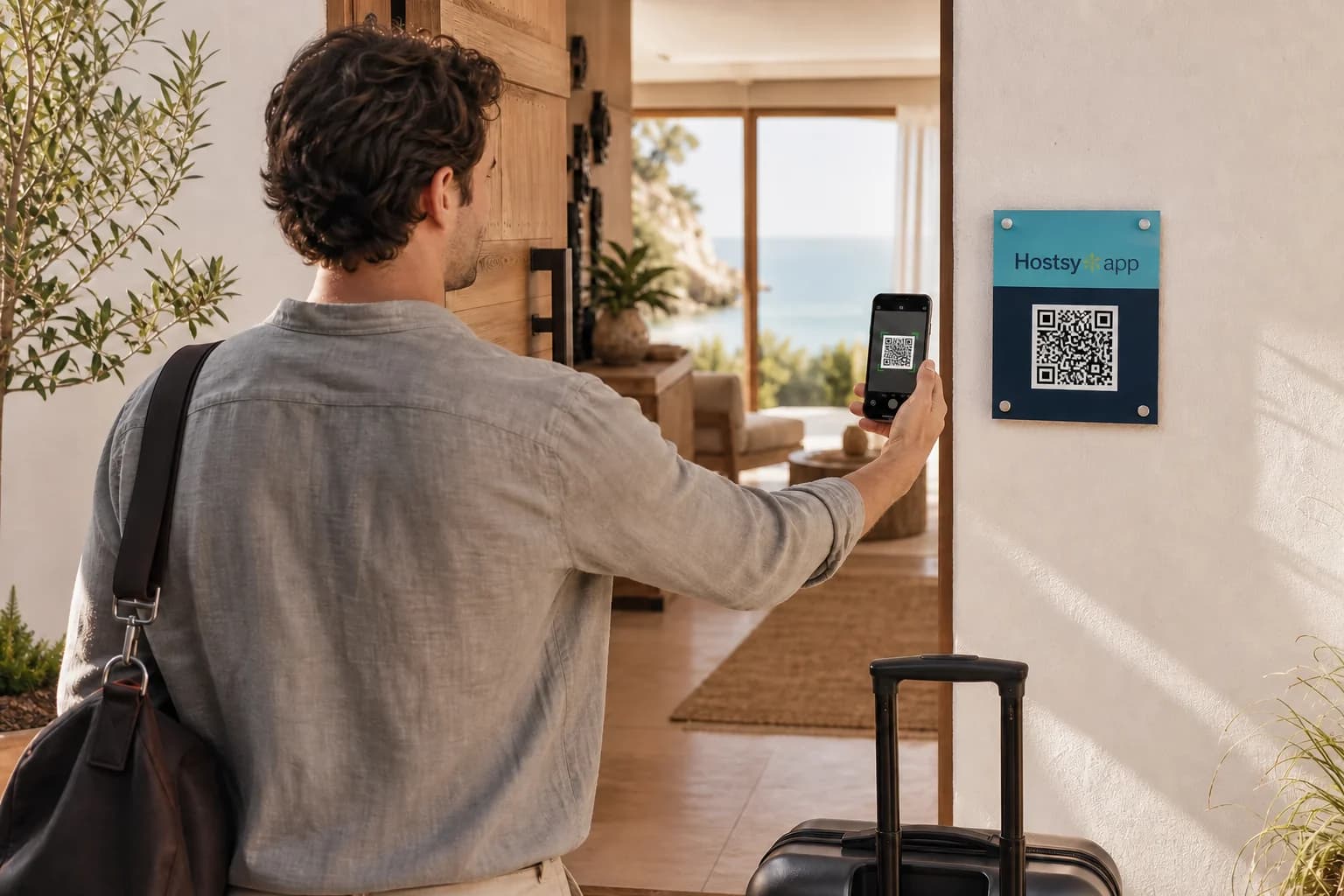 Guest arriving at a coastal villa and scanning the Hostsy Guest Guide QR code beside the entrance
