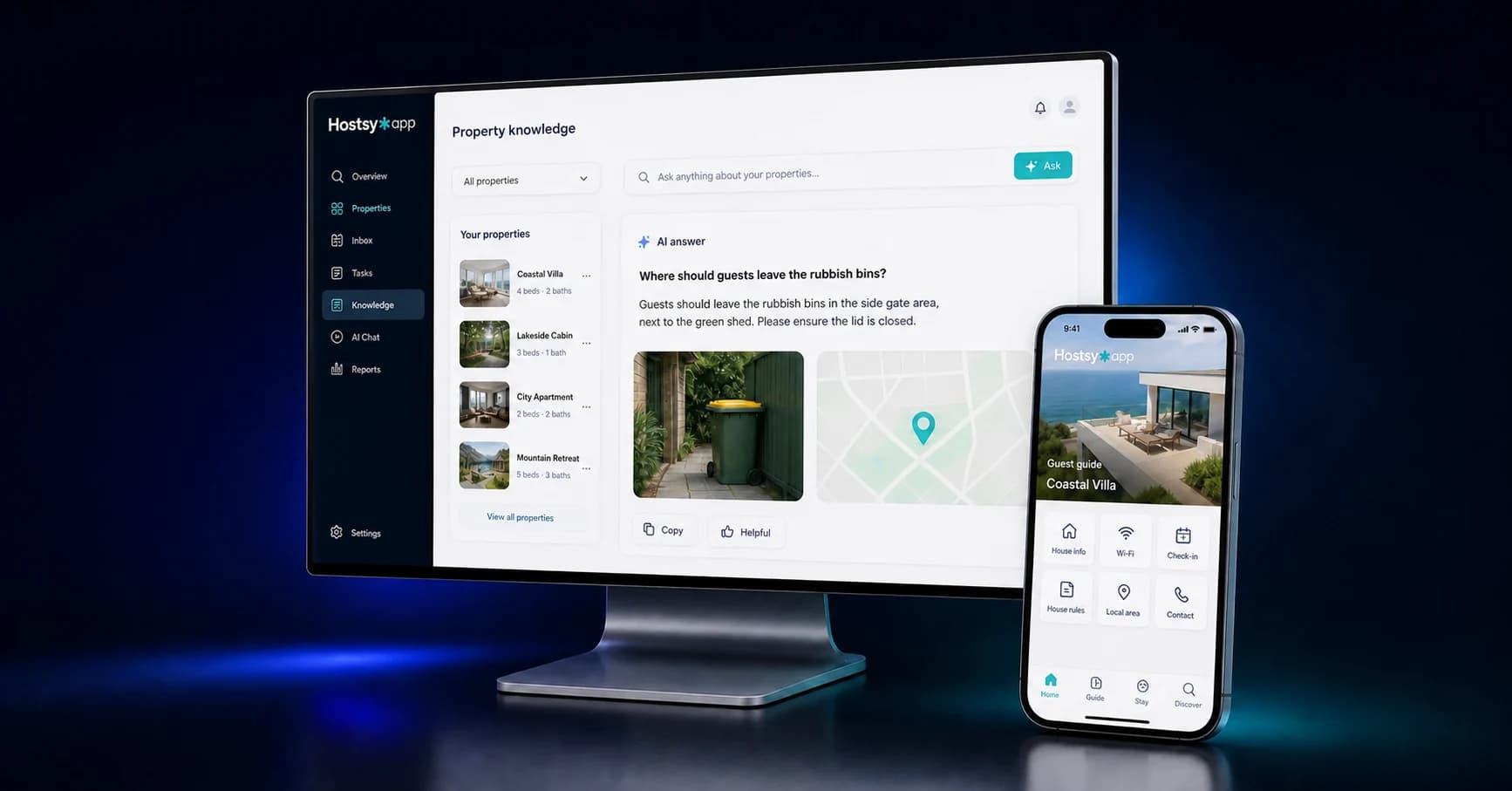 Hostsy dashboard answering a property question alongside a mobile digital guest guide